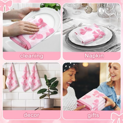 SmoothNovelty 6 Pcs Pink Bow Washcloths 100% Cotton Wash Cloths 13" x 13" Coquette Small Face Towels Absorbent Soft Hand Bath Towels for Bathroom, Spa, Kitchen Drying Cleaning(Cute Style)