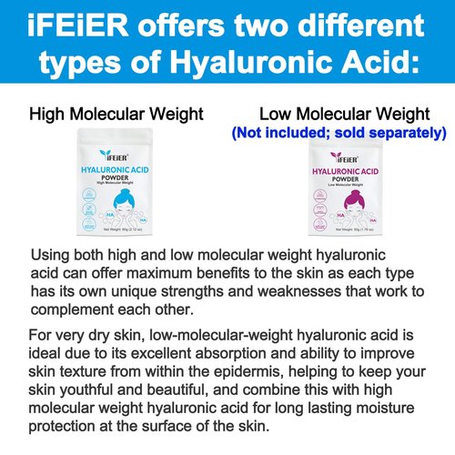 iFEiER Hyaluronic Acid Powder | High Molecular Weight Hyaluronic Acid Serum Powder | 60g(2.12oz) Cosmetics Grade | Sodium Hyaluronate HA | LMW HMW Hyaluronic Acid ingredient for DIY Serums