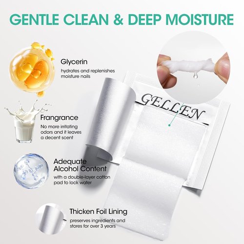 GELLEN Nail Cleanser Pads - 200 Pack Lint-Free Wipes for Acrylic & Gel Polish | Travel-Ready Individual Wraps