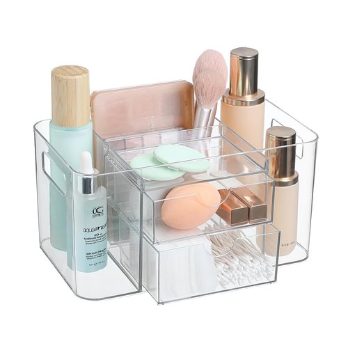 Imakmasion 2-Drawer Hair Accessories Organizer, Large Capacity Clear Acrylic Vanity Organizer with 3 Compartments, Hair Brush Holder for Hair Ties, Clips, Scrunchies and Bobby Pins