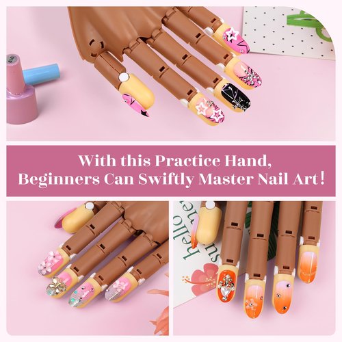 LIONVISON Practice Hand for Acrylic Nails: Magnetic Manicure Fake Nail Training Hand with Flexible Detachable Hand & 100 Strengthen Nail Tips for Nail Beginners (Brown)