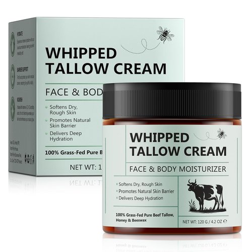 Beef Tallow for Skin, Tallow and Honey Balm (4.2 Oz), Tallow Face Moisturizer, Organic Grass Fed Whipped Beef Tallow with Honey Beeswax, Deeply Moisturizing for Face & Body, Unscented Fast Absorption