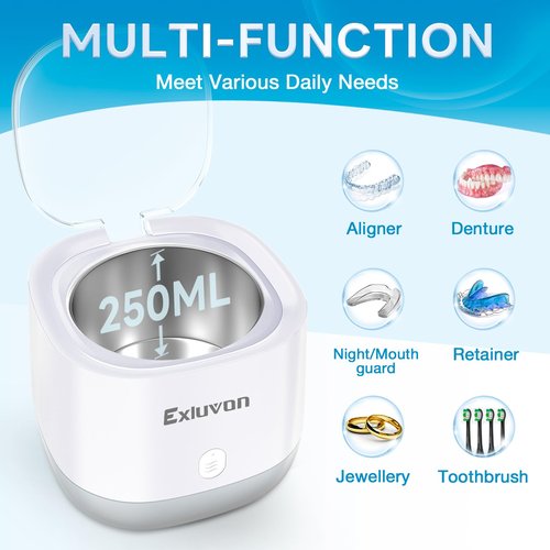 Exluvon Ultrasonic Retainer Cleaner 45kHz, 250ML Portable Jewelry Cleaner, Professional Retainer Cleaner Machine for Denture, Mouth Guard, Aligner