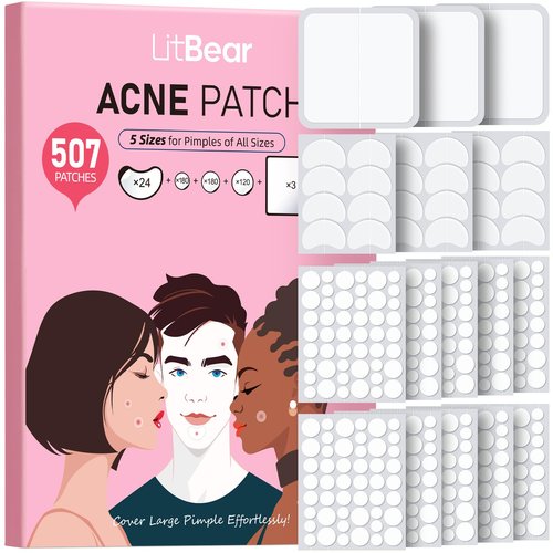 LitBear Pimple Patches for Face, Large Acne Patch, XL Hydrocolloid Bandages,Zit Stickers for Forehead, Chin, Nose, Body, Back, and Chest, Includes Crescent, Square, and Dot (5 Sizes, 507 Patches)