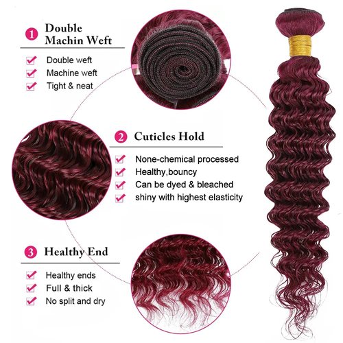 Niciitysi Color 99j Human Hair Wine Red Deep Wave Bundles 10 12 14 inch Double Weft Brazilian Hair Extensions Soft and Silky Burgundy Deep Curly Weave Bundles for Women