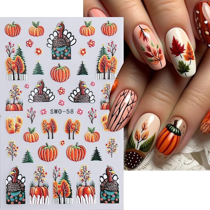 Fall Nail Stickers 3D Pumpkin Maple Leaves Thanksgiving Nail Decals - Orange