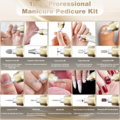Electric Nail File Drill, Cordless 2000 mAh Rechargeable Nail Filer Electric, Portable Nail Dril Machine Drill for Nails Acrylic Manicure and Thick Toenails Buffer Grinder Care Professional (Golden)