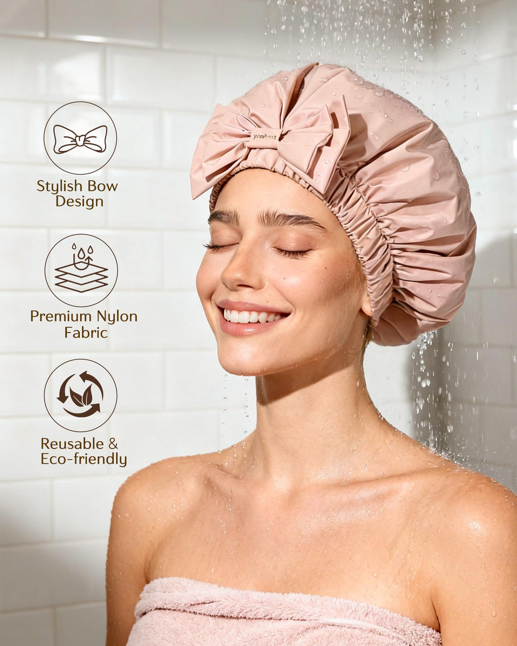 Yanibest Shower Cap Reusable Waterproof,Wide Elastic Band Bath Cap-Comfortable & Durable Bath Hair Hat for Women