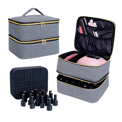 UOZL Nail Polish Organizer, Handheld Double Layer Organizer Holds 30 Bottles (15 ml/0.5 floz) with Adjustable Dividers for Nail Polish Small Manicure Lamp Manicure Tools Essential and Travel,Gray Gold