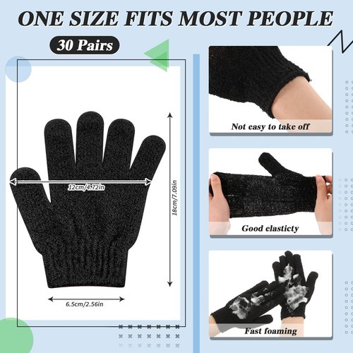 Ramede 30 Pair Exfoliating Glove Double Sided Exfoliating Bath Gloves Pack Nylon Colorful Shower for Men Women Beauty Spa Massage Shower Deep Clean Body Skin Bathing Scrubber Disposable(Black)