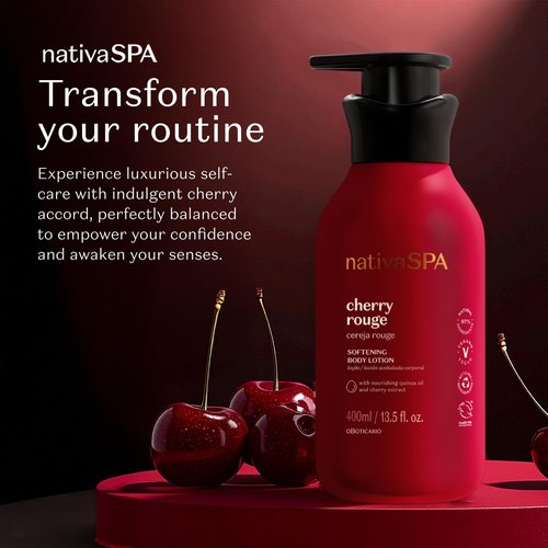O Boticário Nativa SPA Cherry Rouge Velvety Body Lotion, Bold Oriental Amber Fragrance with Cherry Extract & Quinoa Oil, Collagen Boosting Hydration, 13.5 Ounce (400ml)