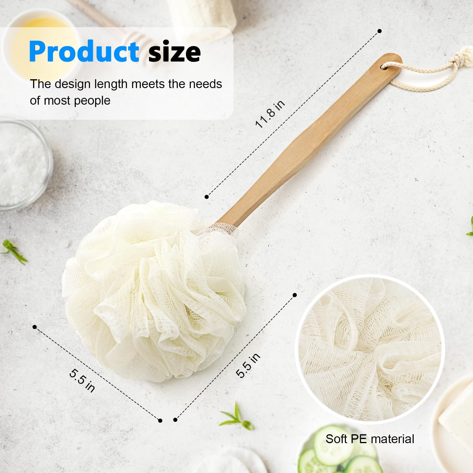 White Loofah on a Stick PE Soft Mesh Luffa Made of Soft and Sturdy Rubber Material Back Scrubber for Shower for Women and Men with String for Easy Hanging