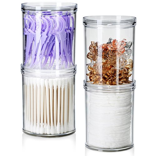 SheeChung 6-Pack Clear Stackable Qtip Holder Dispenser - Mixed (10oz & 12oz) Apothecary Jars with Storage Lids - Whole Home Bathroom Organization Set for Cotton Swabs, Balls, Pads