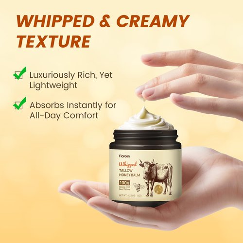 Fioraen Whipped Beef Tallow and Manuka Honey Balm, Beef Tallow for Face, Unscented Skin Care for Dry and Sensitive Skin, Natural Tallow Balm for Hydration and Nourishment, 4 fl.oz