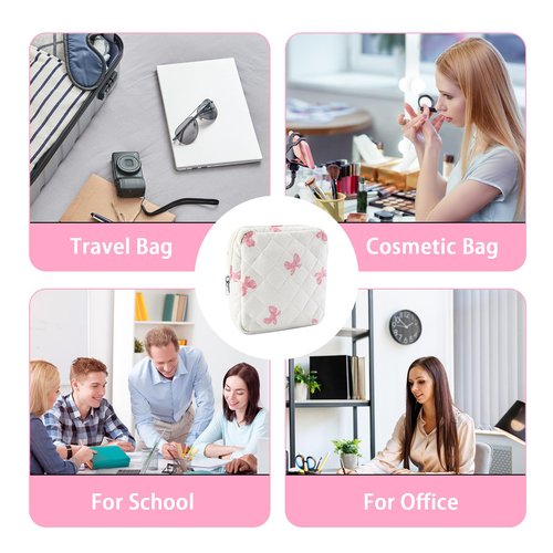 Tmtains Small Quilted Cotton Makeup Bag for Purse Mini Cosmetic Period Bag for Women Cute Pink Bow Makeup Sanitary Pouch Portable Travel Toiletry Bags with Zipper Valentine Birthday Gifts