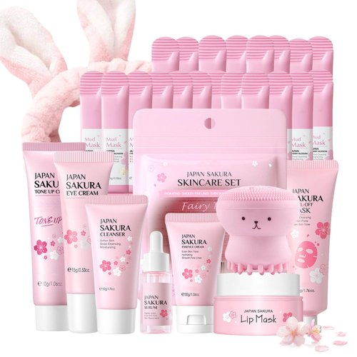 Japan Sakura Skin Care Set for Teen Girls - Evolvique Skin Care for Teens 10-12 - Skincare for Girls 10-12 - Skin Care Kit Gift Set for Women with Cleanser,Serum,Cream(One Size, 8PCS Sakura Scent)