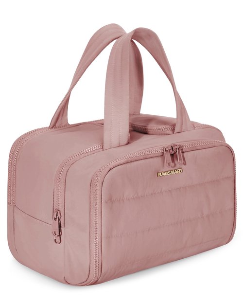 BAGSMART Travel Toiletry Bag, Lightweight Large Wide-open Travel Bag for Women, Puffy Cosmetic Makeup Bag Organizer with Handle for Accessories,Essentials, Toiletries, Dark Pink
