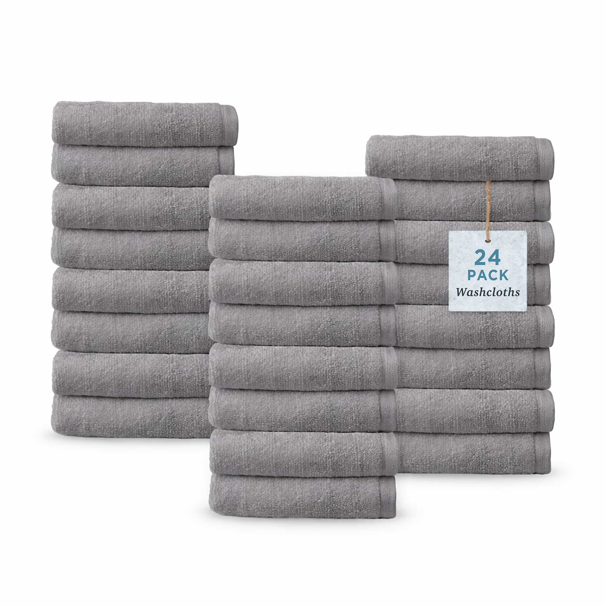 Welhome James 100% Cotton Textured Stripe Towels - 24 Pack Washcloths, Soft & Absorbent, Gray