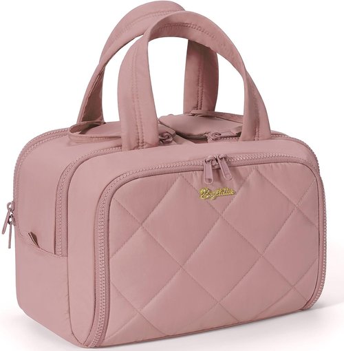 Skiennix Travel Toiletry Bag - Large Wide-Open Quilted Makeup Organizer | Water-Resistant Dark Pink