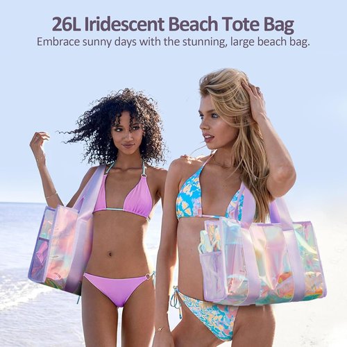 Skiennix Iridescent Waterproof Beach Bag - 26L Large Tote with Zipper & Phone Pouch | Sand-Proof Design