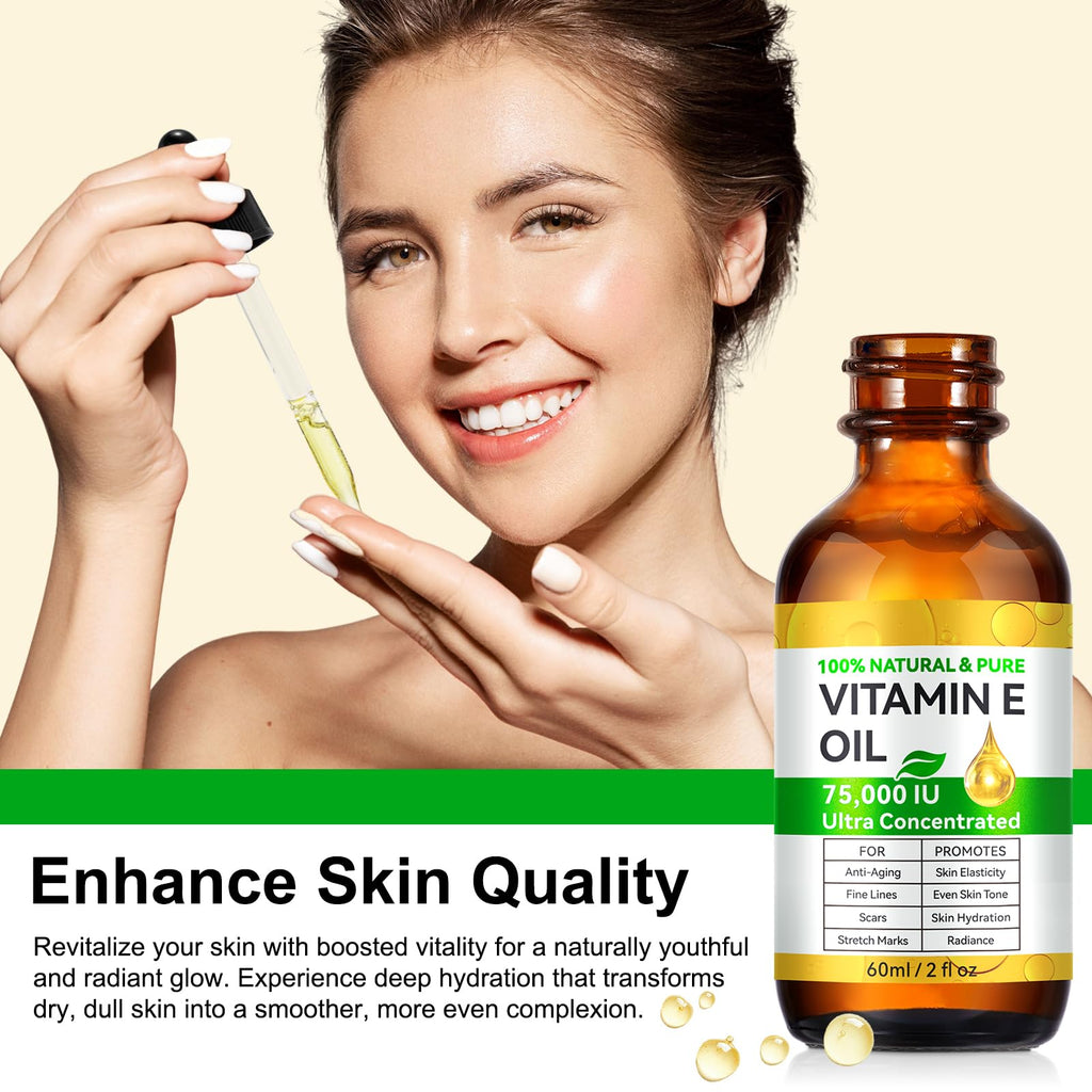 Vitamin E Oil 75,000 IU, Vitamin E Oil for Skin, Scars, Face & Full Body, Moisturize Dry Skin and Radiant Skin, Body Bath Oils, Organic Pure Easy to Absorb