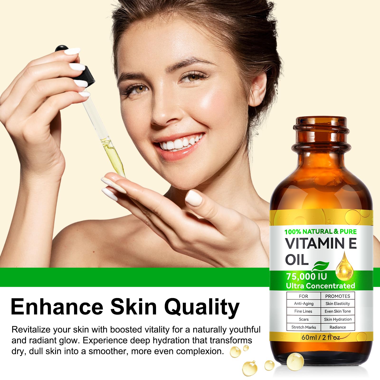 Vitamin E Oil 75,000 IU, Vitamin E Oil for Skin, Scars, Face & Full Body, Moisturize Dry Skin and Radiant Skin, Body Bath Oils, Organic Pure Easy to Absorb