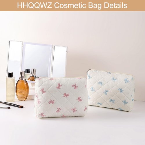 HHQQWZ Large Quilted Cotton Makeup Bag Cosmetic Bag for Women, Cute Large Floral Cotton Travel Cosmetic Bag, Zipper Toiletry Bag Makeup Organizer Storage Bag (Pink Bow Tie)