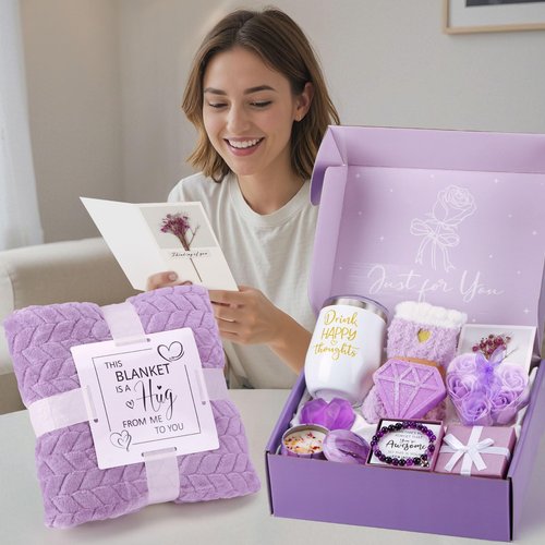 Birthday Gifts for Women Self Care Gift Set, Purple Relaxing Spa Gift Baskets Get Well Soon Care Package, Unique Valentines Day Gifts for Her Mom Wife Girlfriend Friends Sister