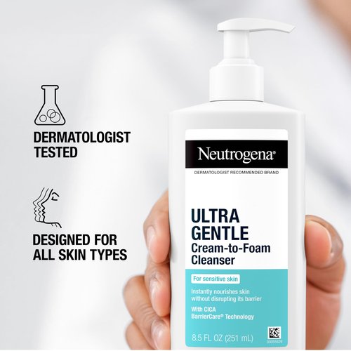 Neutrogena Ultra Gentle Cream to Foaming Face Wash for Sensitive Skin, Fragrance-Free Gentle Facial Cleanser, Hypoallergenic Skin Care, Non-Comedogenic Makeup Remover, 8.5 oz