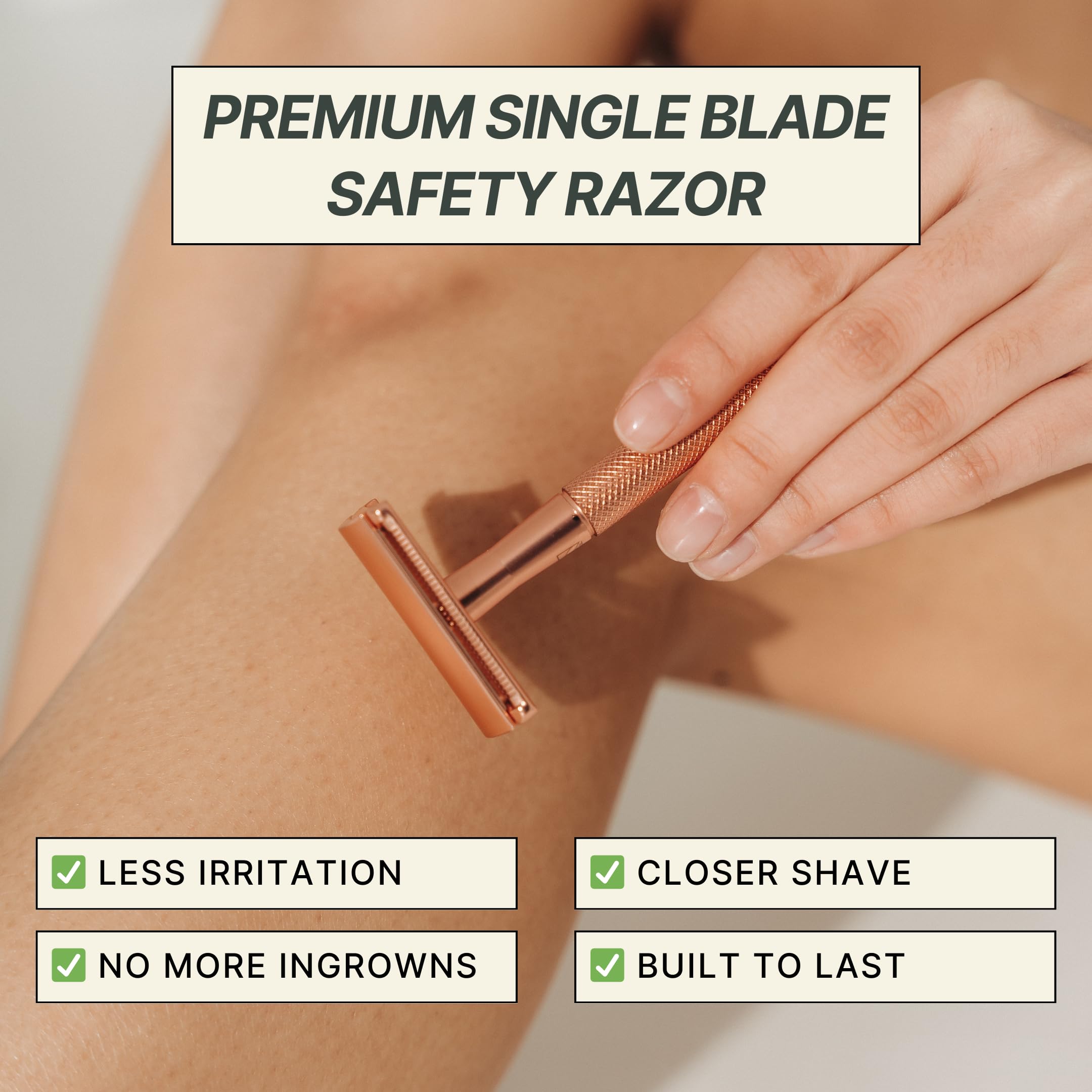 Zero Waste MVMT Single Blade Safety Razor for Men & Women (Rose) Premium Aluminum Handle, Reusable & Plastic-Free – Smooth, Close Shave with Less Irritation – With 10x Blades & Travel Bag - Rose Gold