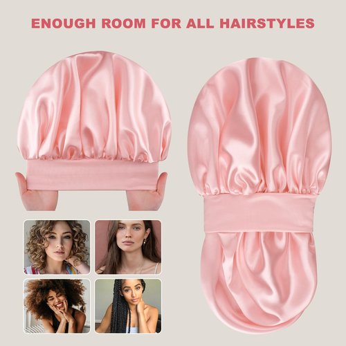 Silk Satin Bonnet for Sleeping Women, Double Layer Silk Satin Sleep Cap with Elastic Band for Natural Curly Hair(1Pcs,Pink)