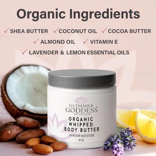 Glimmer Goddess Organic Whipped Body Butter - Moisturizing Cream with Shea & Cocoa Butter | Lavender & Lemon, 8oz
