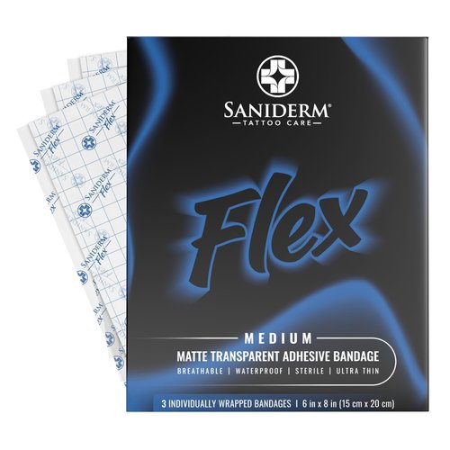 Saniderm Flex Tattoo Aftercare Bandage (New) (3 Sheets, 6 in x 8 in) – Convenient, Faster Tattoo Healing and Protection – Sterile, Waterproof, Ultra Flexible, Tatoo Aftercare Wrap – Matte Finish
