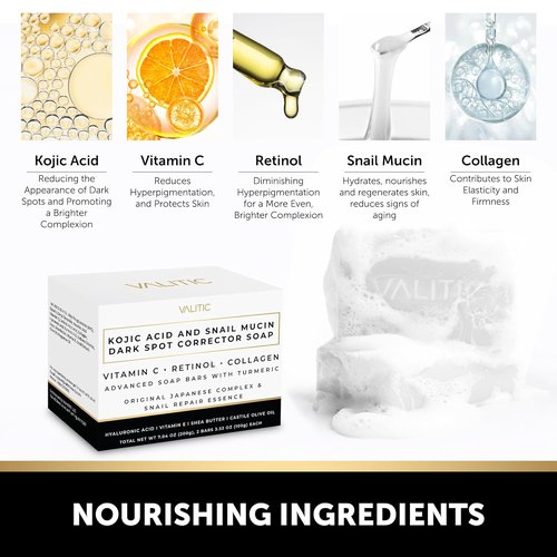 VALITIC Snail Mucin Cleanser Soap Bar - Turmeric & Kojic Acid Dark Spot Corrector | Anti-Aging Hydration - 2 Pack
