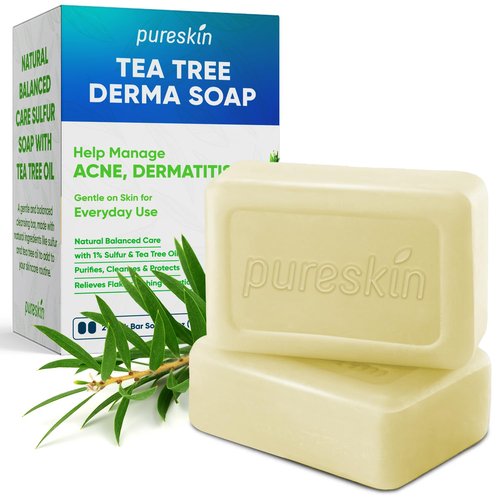 PURESKIN Sulfur & Tea-Tree-Oil Soap Bar: Natural Balanced Cleansing for Oily, Acne Dermatitis-Prone & Irritated Skin – Helps Reduce Body Odor & Blemishes – 2 Pack