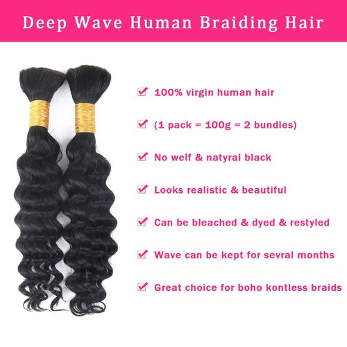 B-Fashion Human Braiding Hair for Boho Braids Deep Wave Bulk Human Hair for Braiding 18 Inch 2 Bundles 100G 100% Brazilian Wet and Wavy Curly Extensions No Weft Bundles