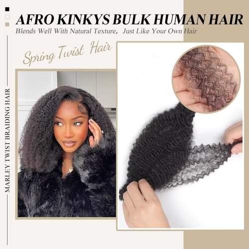 Spring Twist Hair Afro Kinkys Bulk Human Hair Bundles 12 Inch Pre-Separated Springy Afro Twist Hair Cuban Twist Crochet Hair Marley Twist Braiding Hair Dreadlock Extensions 4 Bundles 60g 1B