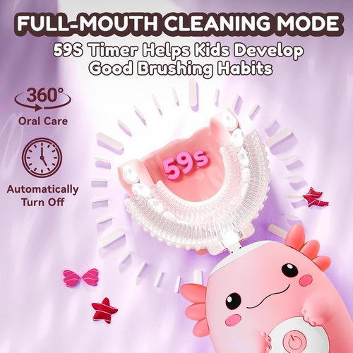 PVOGRT Kids Electric U Shaped Toothbrush - Axolotl Kids Sonic Toothbrush with 6 Brush Head Automatic 6 Cleaning Modes Full Mouth Cleaning-Pink
