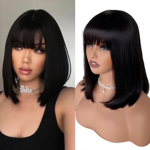 Tryfey Bob Wig Human Hair Glueless Bob Wig with Bangs Human Hair Straight 3x1 Transparent Lace Closure Bob Wigs for Black Women Natural Black 12 Inch