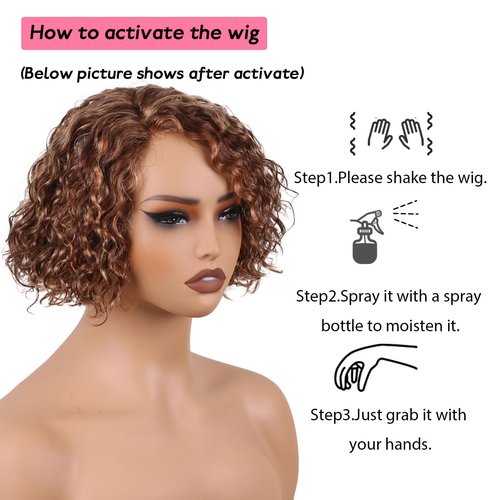 ManeMajesty Deep Curly Human Hair Wigs, Side Part Lace Front Pre Cut Lace, Wear and Go Glueless Wig 8 Inch Short Curly Bob Wigs for Women,100% Brazilian Human Hair,4/27/30 Brown Mixed Honey Blonde