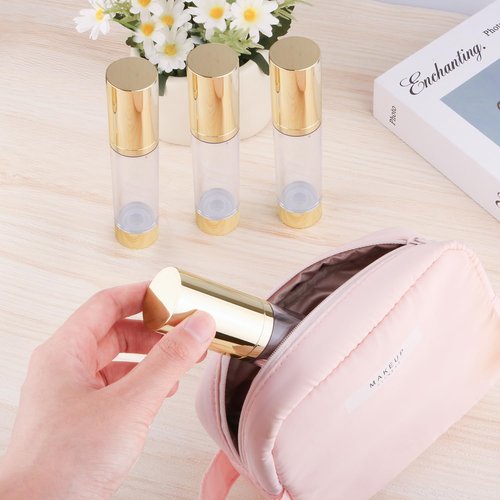BOSMIOW 4Pcs 50ml/1.7oz Long Airless Lotion PumpRefillable Vacuum Bottles Travel Size Makeup Foundations Dispensers,Face Cream Containers with Golden Aluminized Pump Head