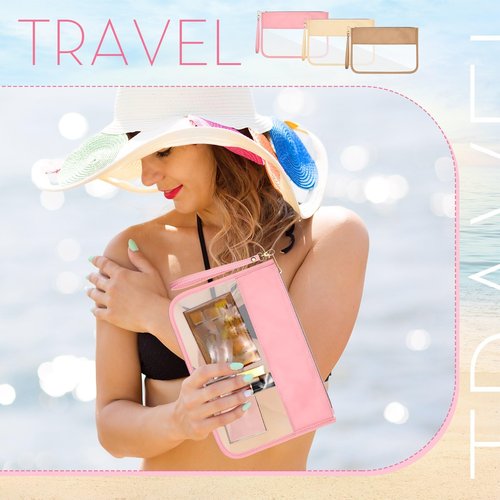 Sanwuta 3 Pcs Clear Zipper Snack Bag Pouches for Travel Women, Flat Nylon Waterproof PVC Makeup Snack Bags Set DIY Chenille Letter Organizer Portable Storage Beach Stuff Toiletry (Pink, Beige, Brown)