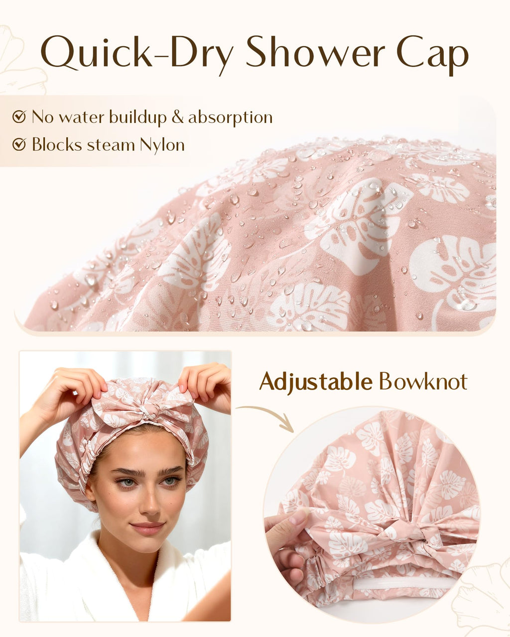 Yanibest Shower Cap for Women Reusable Waterproof, Adjustable Non-Slip Shower Hair Cap, Washable Bath Hat for Long Hair