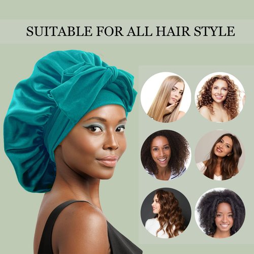 Satin Silk Hair Bonnet for Sleeping Large Bonnets with Tie Band Wrap with Adjustable Straps Night Sleep Caps for Women Curly Braid Hair (Black,Dark Turquoise)