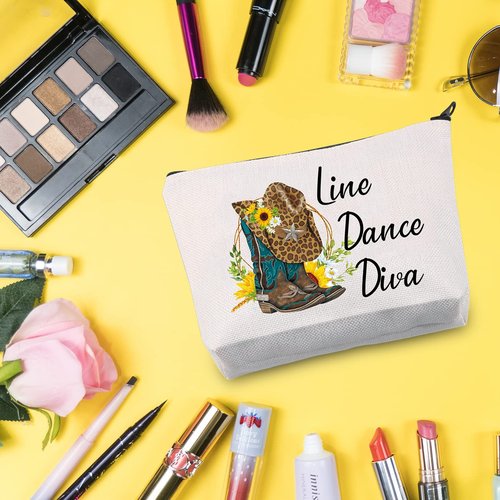 G2TUP Line Dance Gift Line Dance Diva Makeup Bag Western Country Music Dancing Dancer Cosmetic Bag Country Music Lover Gift Zipper Travel Bag (Line Dance Diva White Bag 2.0)