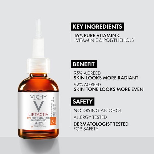 Vichy LiftActiv Vitamin C Serum - Brightening Face Serum with Hyaluronic Acid & Vitamin E | Reduces Fine Lines & Improves Radiance