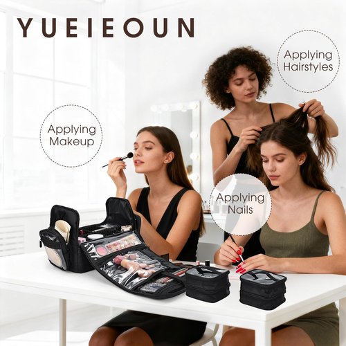 Makeup Train Case 18.1 Inch Large Travel Makeup Organizer Case Portable Makeup Arists Bag with Shoulder Strap Makeup Brush Slots 4 Clear Pouch for Cosmetologist Aesthetic Supplies Nail Tech Makeup Bag