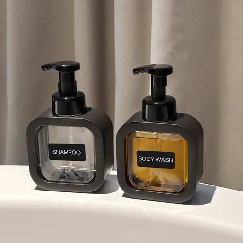 SVLX YIXVN Foaming Soap Dispenser, 2 Pack 300ml (10oz) Plastic Refillable Foaming Hand Soap Dispenser with 16 Pcs Waterproof Labels, Foam Pump Bottle for Bathroom and Kitchen (Black)