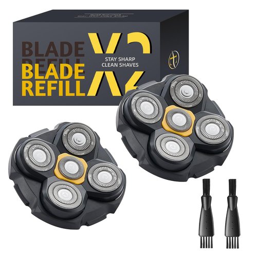 Replacement Heads Compatible with Microtouch Titanium Head Shaver - 5D Stainless Steel Blades for Wet Dry Bald Shaving, Waterproof, Includes 2 Cleaning Brushes (2 Pack)