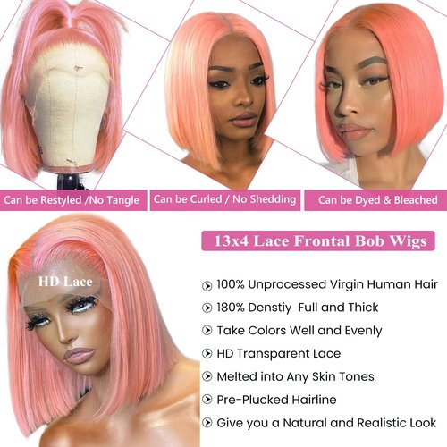 Bob Wig Human Hair Pink 13x4 Lace Front Wigs Human Hair, 180 Density Glueless Wigs Human Hair Pre Plucked Pre Cut 12 Inch Short Bob Wig Brazilian Virgin Human Hair Lace Front Wigs for Black Women